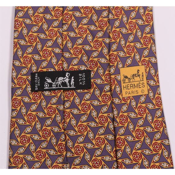 Hermes 7939 MA Blue Gold Red Geometric Print Silk Necktie Tie - Picture 5 of 6